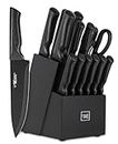 Hundop knife set, 15 Pcs Black knife sets for kitchen with block Self Sharpening, Dishwasher Safe, 6 Steak Knives, Anti-slip handle