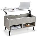 Giantex Lift Top Coffee Table, Wooden Lift Top Dining Table w/Hidden Storage Compartment & 2 Storage Shelves, Raisable Top Coffee Table for Living Room, Study, Office, Meeting Room (Grey)