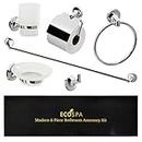 ECOSPA 6 Piece Bathroom Accessory Set - Includes Wall Mounted Chrome Towel Ring and Toilet Roll Holder with Cover Plate, Frosted Glass Soap Dish, Toothbrush Holder & Bath Robe Hook in Chrome