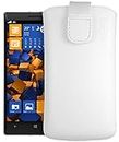 mumbi Bolso de Cuero Real Compatible con Nokia Lumia 930, (Pestaña con función de retracción, Auxiliar de extracción), Blanc