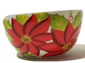 Pier 1 Imports Christmas Poinsettia Cereal Bowl Red Flowers Red Holly Berries...