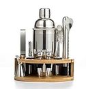 Cocktail Shaker Set Bartender Kit,Bar Set with Bamboo Stand 12 Piece Bartending Tools 25 oz Professional Stainless Steel Martini Shaker with Mocktail Recipes Booklet