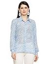 AVANOVA Blue Printed Chiffon Sheer Mesh Button Down Shirt Top Long Sleeve Drop Shoulder Blouse (Shirt 73 Blue Print S)