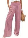ANRABESS Women Linen Palazzo Pants Summer Boho Wide Leg High Waist Casual Lounge Pant Trousers with Pockets 1091shenfen-S Pink