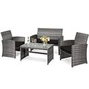 DORTALA 4 Piece Patio Furniture Set, Outdoor Wicker Conversation Set with Soft Cushions & Tempered Glass Coffee Table, Rattan Patio Sofa Bistro Sets for Courtyard Balcony, Black
