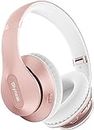 Wireless Bluetooth Headphones Over Ear Glynzak 65H Playtime HiFi Stereo Headset with Microphone and 6EQ Modes Foldable Bluetooth V5.3 Headphones for Travel Smartphone Computer Laptop Rose Gold