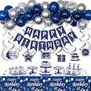 Birthday Decoration, Blue and Sliver Birthday Decorations for Men Women,Birthday Party Decorations for Boys Girls, Happy Birthday Banner Balloons with Table Cloths,Hanging Swirls Decorations