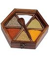DELUX WOOD CARVER Hexagon Spice Box With Spoon In Sheesham - Spice Box For Kitchen Container With Lid Decorative Masala Dabba Organizer Handmade / 6 containers multipurpose product