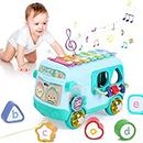 Yellcetoy Toys Gifts for 1 Year Old Girls Boys, Baby Toy 12 18 Months Musical Sensory Bus with Xylophone, Shape Sorter Pull Along Toy for 12-18 Months Early Educational Toy Birthday Chirstmas Present