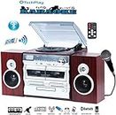 TechPlay Karaoke Enabled, 30W RMS, Retro Classic Turntable, NFC Bluetooth, Double Cassette Player/Recorder, CD MP3 Player, USB SD Ports, AM/FM Digital Alarm Clock and Full Remote Control