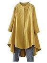 Minibee Women's Cotton Linen Shirt High Low Button Down Embroidered Blouse Long Sleeve Tunic Tops with Pocket Yellow L
