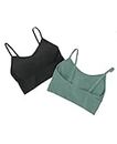 SANGANI, Women Cotton Padded Wire Free Longline Sports Bra Cami Tank Top for Workout Fitness Yoga Free Size (Pack of 2), Size (28-34). (Blck-Green)