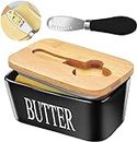 Ceramic Butter Dish with Wooden Lid, Airtight Butter Keeper for Counter or Fridge with Stainless Steel Multipurpose Butter Knife, Butter Container with Double High-Quality Silicone