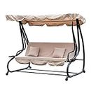 Outsunny 2-in-1 Garden Swing Seat Bed, 3 Seater Convertible Swing Chair Bench with Tilting Canopy, Cushioned Seat and 2 Cushions for Patio, Yard, Beige