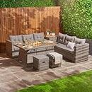 Home Treats Rattan Garden Furniture With Fire Pit Table | 6 Piece Outdoor Furniture Set With Sofa Stool & Cushions | Rattan Corner Table Sofa & Chairs 8 Seater L Shape Grey