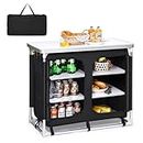 COSTWAY Camping Cupboard, Portable Aluminum Outdoor Storage Cabinet with 6 Shelves, Side Pockets and Carry Bag, Kitchen Cook Station Camping Table for BBQ, Party & Picnic (Black)