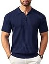 COOFANDY Men's Zipper Polo Shirts Short Sleeve Ribbed Knit Polo T Shirts Fashion Casual Golf Shirts Navy Blue