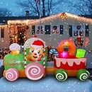 SEASONBLOW 8 Ft Length LED Light Up Inflatable Christmas Train with Gingerbread Man Decoration for Yard Lawn Garden Home Party Indoor Outdoor Holiday Xmas Decor