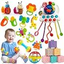 Montessori Toys 6-12 Months, Exssary 4 in 1 Baby Toys 0-3 3-6 6to12 Months Baby Teether Teething Toys Baby Blocks Rattles Wrist Socks Infant Toys 1 2 3 Year Old Boy Girl Gifts 21 PCS