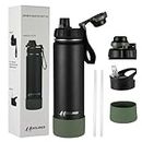 Sports Water Bottle 22 oz with Protective Silicon Base Stainless Steel Insulated Double Wall Vaccum with Sports lid, 18/8 Food, 100% Leak Proof, BPA Free