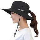 Women's Sun Hat Outdoor UV Protection Foldable Mesh Bucket Hat Wide Brim Summer Beach Fishing Cap Pure Black