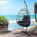 Gardeon Outdoor Egg Swing Chair Rattan Grey Garden Bench Hanging Seat, Patio Baconly Furniture Chairs, with Cushions Stand Wicker Basket Foldable Water Resistant 150kg Capacity