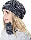 KIRAAT Womens Slouchy Beanie and Scarf Set for Girls Warm Knit Winter Ski Hat with Fleece Lined (Black)
