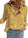 Dokotoo Womens Work Business Chiffon Button Down Blouses and Tops Loose Fit Dressy Alicia Floral Print V Neck Long Sleeve Shirts for Women Office Boho Top Trendy Yellow Large