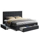Artiss King Bed Frame Platform Tufted Headboard Frames Beds Base with 4 Storage Drawers Bedroom Room Decor Home Furniture, Upholstered with Charcoal Faux Linen Fabric + Foam + Wood