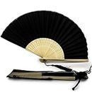 FANSOF.FANS Fabric Handheld Folding Hand Fan With a Tassel Grade A Bamboo Ribs for Women Girls Summer Party Event Favour Birthday Wedding Souvenir Gift (Black)