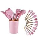 SUJOSAJU 11Pcs Silicone Kitchen Cooking Utensils Set Wooden Handle Heat Resistant Turner Tongs Spatula Spoon Brush Whisk with Holder Kitchen Gadgets Utensil Set
