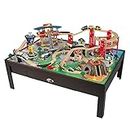 KidKraft Multi-Level Airport Express Espresso Train Set & Table, Multi-Colored Toy, Planes, Trains, Cars, Helicopters, Multiple Kids Play, Gift for Ages 3-8 46.25 x 32.5 x 15.5
