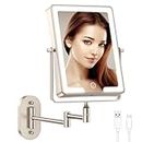 FASCINATE Rechargeable Wall Mounted Makeup Mirror, Bathroom Mirror Rectangle 8.7 Inch Double Sided 1X 10X Magnifying, 3 Color Setting, Extended Arm 360° Swivel Foldable Nichel