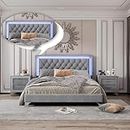 Linique 3-Pieces Bedroom Sets, Queen Size Velvet Upholstered Platform Bed Frame with LED Lights and Two Nightstands, Wooden Platform Bed with Button Tufted Headboard, Grey