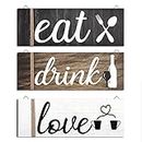 Jetec 3 Pcs Farmhouse Kitchen Wall Decor Eat Sign Rustic Wooden Kitchen Sign Wood Home Sign Eat Drink Love Sign with Hanging Hole for Home Kitchen Dining Living Room Bar Cafe Decor (Classic Color)