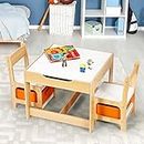Kidbot 3in1 Kids Wooden Table & 2 Chair Set Multifunctional Activity Play Desk Children Toddler Table and Chair Set for Drawing, Eating, Reading Space Saving Design White Orange Natural