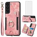 Phone Case for Samsung Galaxy S22 Plus S22+ 5G Wallet Cover with Screen Protector and Wrist Strap Lanyard RFID Credit Card Holder Ring Stand Cell Accessories S22+5G S22plus 22S + S 22 22+ Women Pink