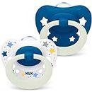 NUK Signature Night Baby Dummy | 18-36 months | Soothes 95% of Babies | Heart-Shaped BPA-Free Silicone Pacifiers | Glow-in-the-Dark | Includes Case | Blue Stars | 2 Count