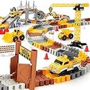 Construction Race Tracks Set, Flexible Train Tracks w/ 2 Electric Construction Race Vehicles w/Lights, STEM Engineering Race Track Toys with Dump Truck, Crane Assort Acessories for Boys Girls