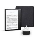 Kindle Oasis Essentials Bundle includes Kindle Oasis 7" E-reader (8 GB, Graphite), Amazon Leather Cover (Black), and Amazon 9W Power Adaptor