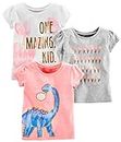 Simple Joys by Carter's Girls' Short-Sleeve Shirts and Tops, Pack of 3, Grey Hearts/Pink Dinosaur/White Text Print, 3T