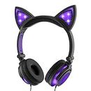Olyre Glowing Cat Ear Wired Headphones for Kids, Safe Volume Limited Adjustable Foldable Cute Children On-Ear Headphones with 3.5mm Plug for Boys Girls Gifts for Kids Kindle Fire Tablet Laptop