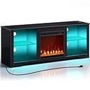 Rolanstar Fireplace TV Stand with Led Lights and Power Outlets, TV Stand for 45/50/55/60/65 inch TVs, Entertainment Center with Electric Fireplace, Modern TV Console with Glass Shelves, Glossy Black