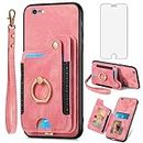 Phone Case for iPhone 6 6s Wallet Cover with Screen Protector Wrist Strap Lanyard RFID Credit Card Holder Ring Stand iPhone6 Six i6 S iPhone6s iPhine6s iPhones6s i Phone6s Phone6 6a S6 Women Men Pink