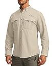 Pudolla Men's Sun Protection Fishing Shirts Long Sleeve Travel Work Shirts for Men UPF50+ Button Down Shirts for Outdoor with Multi Pockets, Khaki, Medium