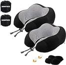 DAWNTREES 2 pack Travel Pillow Neck Support,Pure Memory Foam Neck Pillows for Travel Airplane, Business Trip with Luxury Bag, Travel Kit with 3D Contoured Eye Masks, Earplugs.……