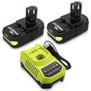 2-Pack 3.0Ah P102 P108 Replacement Battery and Charger Compatible with Ryobi 18V Lithium Battery P102 P103 P104 P105 P107 P109 P108 P190 P122(Green)
