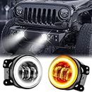 Yanchaofei 4 Inch LED Fog Lights Compatible for 2007-2018 Jeep Wrangler Unlimited JK JKU Front Bumper 60W Round Fog Light Driving Offroad Lamps with Amber/White DRL Turn Halo Angel Eyes Lights 2PCS