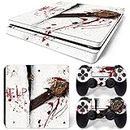 ZOOMHITSKINS PS4 Slim Skins, Fear Chainsaw Blood Stain Horror Zombie Red White Terror Panic, Durable, Bubble-Free Goo-Free,Cover Set of 2 Controller Skins 1 Console Skin, Made in USA