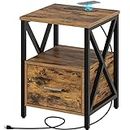 Rolanstar Nightstand with Wireless Charging Station, Bedside Table with Power Outlet & USB Ports, Side Table with Drawer Storage Shelf for Bedroom, Rustic Brown